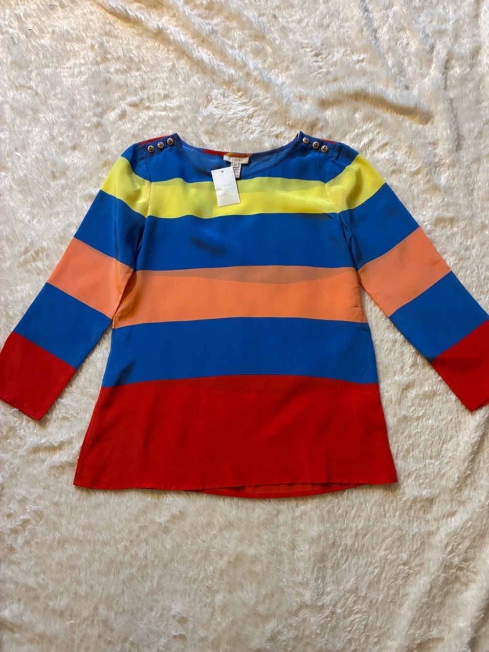 J. Crew Bold Striped Button-Shoulder Top in Blue, Yellow, Orange, Red